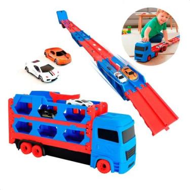 Imagem de Caminhão De Brinquedo Pista Com 2 Carrinhos Maleta Lançador Azul e Ver