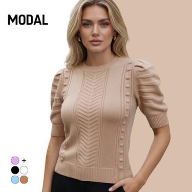 Imagem de Blusa Tricot Modal Trança Chevron Manga Curta - Vitrine Collection, Nu