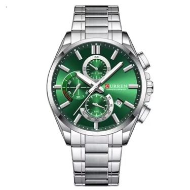 Imagem de Relógio Masculino Modelo 8475 à Prova D'água, Cronógrafo, Mostrador Verde, Aço Inoxidável, 3ATM, Luminoso, 44mm