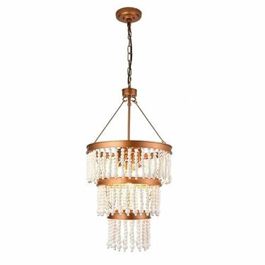 Imagem de Lustre de contas de madeira Boho Luminária pendente Luminária pendente Luminária de teto ajustável Luminária para sala de estar Quarto (3 luzes) Luminária pendente Luminária pendente