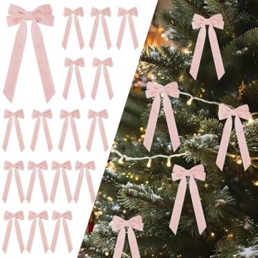 Imagem de Senjie 16 peças de laços de fita de veludo para árvore de Natal, ornamentos vintage rústicos pequenos de artesanato para grinalda guirlanda sacos de doces decorações de festa DIY (rosa, 12,7 cm x 25,4