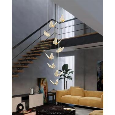 Imagem de Lustre moderno de alumínio LED grande escadaria luz pendente borboleta acrílico regulável lâmpada suspensa altura ajustável teto alto luminária adequada para sala de estar villa quarto foye