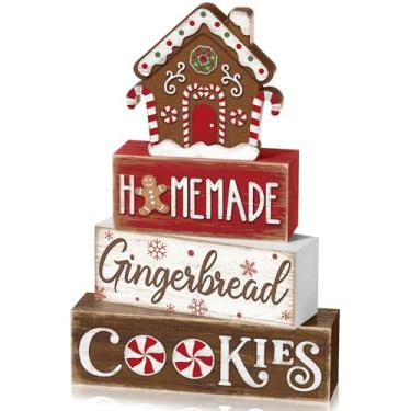 Imagem de Marsui 4 peças de decoração de mesa de Natal de casa de gengibre homem de gengibre blocos de placas de madeira rústica de Natal decoração de casa de fazenda centro de mesa de Natal para mesas, mesa de