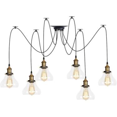 Imagem de Luminária pendente ajustável múltipla DIY teto aranha lâmpada, latão V-intage industrial vidro transparente sombra lustre pendurado iluminação, decoração moderna