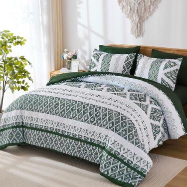 Imagem de Luxudecor Conjunto de edredom verde King Size 7 peças, edredom asteca boho com jogo de cama, estampa geométrica listrada em uma bolsa, conjunto de cama de microfibra macia 264 x 228 cm