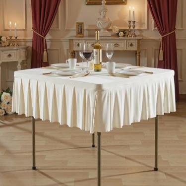 Imagem de Toalha de mesa quadrada marfim de 86 x 86 cm, sem rugas, para mesas quadradas, saia de mesa de cetim de tecido decorativo lavável para casamento, aniversário, coquetel, buffet, jantar, acampamento