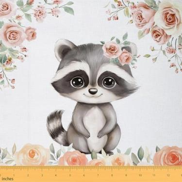 Imagem de Erosebridal Tecido de estofamento de guaxinim kawaii, tecido fofo de animais selvagens por jarda para costura acolchoada, flores desabrochando, material botânico floral natural para estofamento DIY, 1