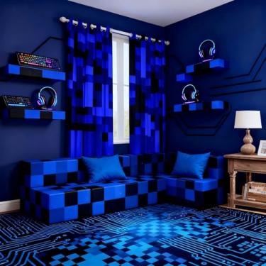 Imagem de Cortinas blackout com blocos pixelados, camuflagem do exército, decoração de quarto de meninos e meninas, cortinas de janela de patchwork geométrico, preto azul escuro, 2 painéis, 96 cm L x 113 cm C