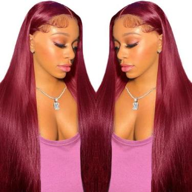 Imagem de Perucas kocorose 99J Borgonha, vermelho, renda reta, cabelo humano, 20