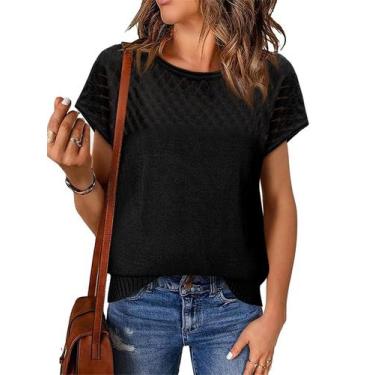 Imagem de Suéter feminino Imily Bela, manga curta, crochê, malha preta