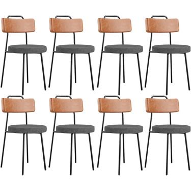 Imagem de Kit 08 Cadeiras Estofada Sala De Jantar Barcelona L02 Couríssimo Camel Linho Cinza Escuro - Lyam