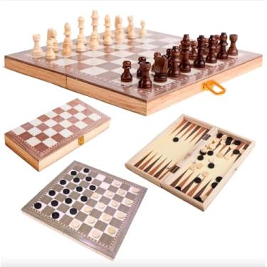 Imagem de Jogo de Xadrez 3 em 1 com Damas e Gamão Tabuleiro Dobrável 29x29 cm em Madeira Estojo Portátil Completo para Lazer Viagem e Aprendizado