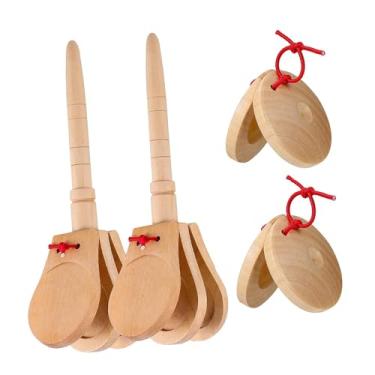 Imagem de Esquirla 4 peças instrumentos de percussão castanholas de madeira musical pré-escolar educação castanholas de dedo de madeira conjunto para crianças