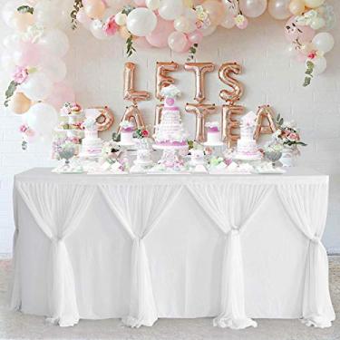 Imagem de Besutolife Saia de mesa de tule branca de 4,3 m, toalha de mesa tutu sem rugas para revelação de gênero, casamento, aniversário, recepção, banquete, cabine de fotos, decorações de mesa de festa