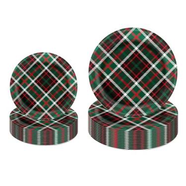 Imagem de LeZakaa Conjunto de 50 peças de pratos de papel de Natal, vermelho, verde, preto, tartã, xadrez, descartáveis, pratos de festa, artigos de mesa, decoração de mesa para jantar de Natal, sobremesa, 18
