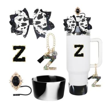 Imagem de RENUIS Conjunto de 5 peças de acessórios para copo Stanley de 30 e 1,134 g com alça, incluindo topo de palha, bota de silicone com glitter, decoração de arco de palha, pingente de letra de