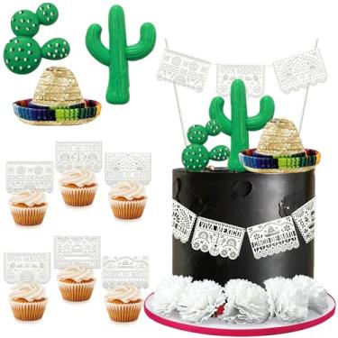 Imagem de 24 PCS Mexican Fiesta Cake Topper Mini Mexican Papel Picado Banner Cactus Pepper Sombrero and Flower Cake Decor for Mexican Themed Party Decorations