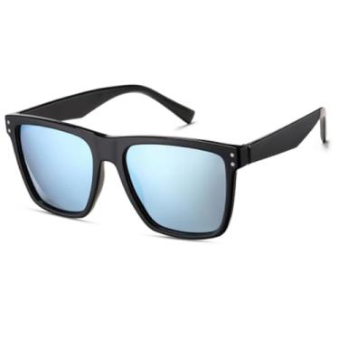 Imagem de Óculos de sol masculino feminino polarizado grande retrô armação quadrada, Espelhado azul preto brilhante, 53MM