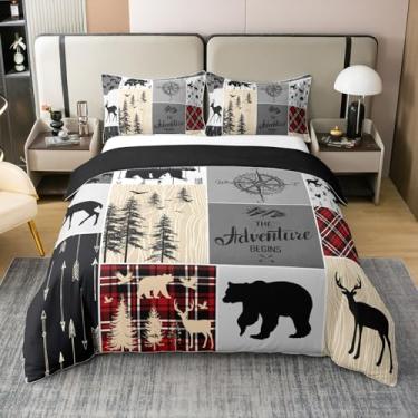 Imagem de Erosebridal Capa de edredom retrô 100% algodão tamanho casal para crianças rústicas urso veado caça vida selvagem jogo de cama para meninos adolescentes homens quarto xadrez chalé fazenda roupa de