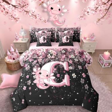 Imagem de Erosebridal Jogo de cama solteiro, rosa, preto, alfabeto C, com lindo design de axolote - Conjunto de cama de 7 peças de flor de cerejeira japonesa, conjunto de edredom fofo com axolote e lençol com