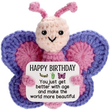 Imagem de WEYON Birthday Gifts for Women, Tiny Crochet Butterfly Plush with Pink Purple Wings Holding Positive Note, Happy 、Birthday Decoration & Gift for Women