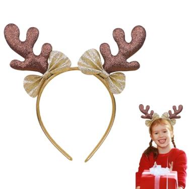 Imagem de Faixa de cabeça de chifres de Natal com orelhas de rena para mulheres e meninas, chifre de veado brilhante com laço, acessórios de cabelo para férias (estilo B, médio)