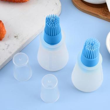 Imagem de 1 garrafa de óleo de silicone portátil azul com escova para churrasqueira garrafa de óleo de cozinha escova de cozimento ao ar livre