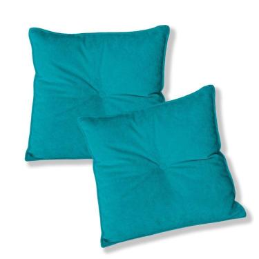 Imagem de Kit 2 Almofadas Quadradas Tina Com Botão Central Veludo - 7 Decor Azul Turquesa