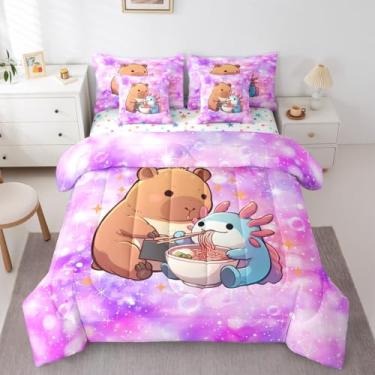Imagem de Axolotl Conjunto de edredom de 7 peças, conjunto de cama de casal em uma bolsa, animais selvagens do oceano azul, capivara, amantes de animais, conjunto de lençol e lençol, roxo ombré, arte em