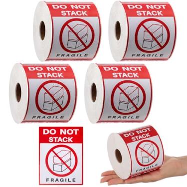 Imagem de Fuyoooo 4 rolos de etiquetas 7,6 cm x 10,16 cm Não empilham adesivo de aviso vermelho/branco/preto, para envio, manuseio, embalagem e mudança