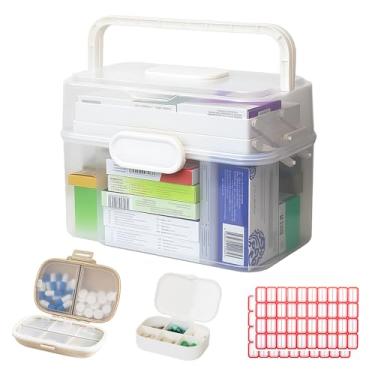 Imagem de Caixa organizadora de medicamentos com alça – Estojo de armazenamento de armário de remédios de 3 camadas com 2 caixas de comprimidos e 70 etiquetas, armazenamento de medicamentos à prova de umidade