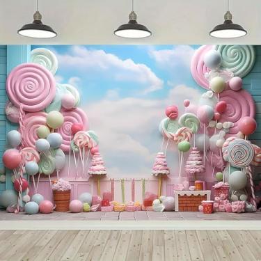 Imagem de Fundo colorido para fotos de aniversário de doces para crianças, meninas, decoração de festa de 1º aniversário, pirulitos, tema de sobremesa, pano de fundo de aniversário para recém-nascidos (20 x 15