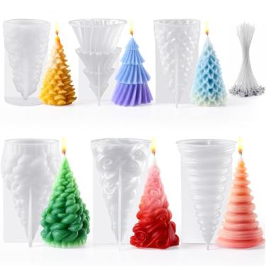 Imagem de LemonRoad 6 peças de molde de vela de silicone para árvore de Natal 3D resina epóxi em forma de árvore para vela de cera faça você mesmo, sabonete, presente de Natal, bolo, chocolate, kit para