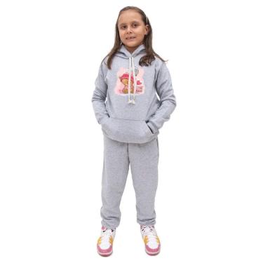 Imagem de Kit Conjunto Moletom Infantil Feminino Blusa Canguru Capuz Estampa Urso de Pelucia Com Calça