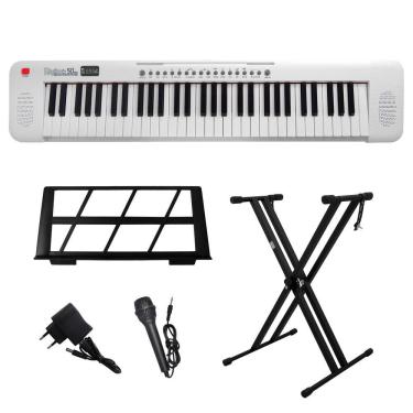 Imagem de Kit Teclado Musical Portátil 61 Teclas Rhythmic 50WH Branco com Suporte em X