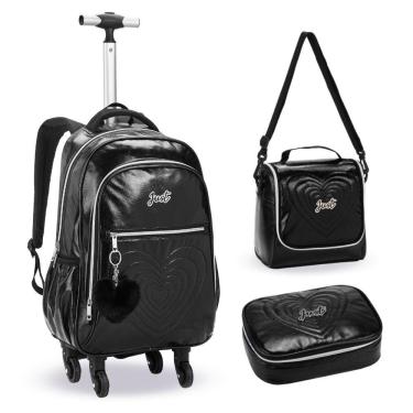 Imagem de Kit Mochila De Rodinhas + Lancheira + Estojo Love Just Denlex Preta