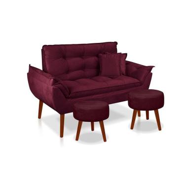 Imagem de Kit C- 01 Namoradeira Opala + 02 Puffs Redondo Danny + 02 Almofadas Suede Bordô