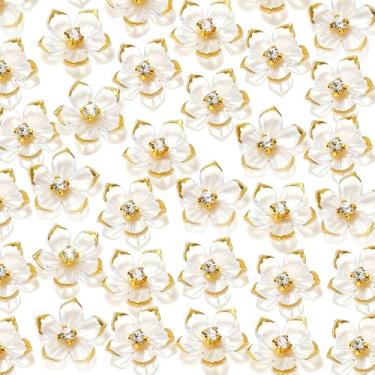 Imagem de 50 contas de flores de acrílico transparente para fazer joias sem furos, contas florais de strass com bordas douradas, 23 mm, estética, cinco pétalas, flor de cerejeira, kits de enfeites para