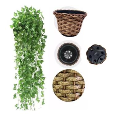 Imagem de Arranjo C/ 3 Trepadeira de 2 mts + Vaso Trançado Marrom | Arranjo Trepadeira Artificial para Decorações | Plantas para Decoração de Casa, Sala De Estar, Casamento & Escritorio (Folhas de Hera)