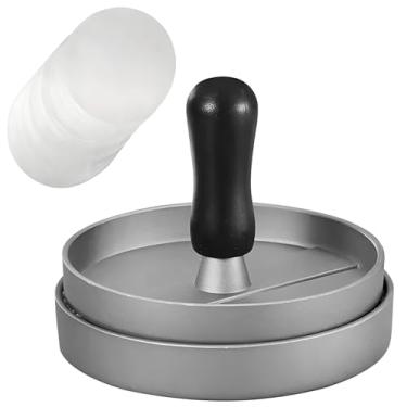 Imagem de Patty Maker Prensa de hambúrguer de alumínio com cabo de madeira, inclui papel de cera, lavável na lava-louças, portátil para acampamento, alça preta,