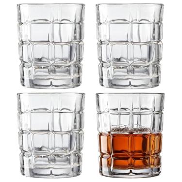 Imagem de 4 peças de copos de uísque, copos Lowball, copos com padrão xadrez de cristal, adequado para Bourbon e coquetéis