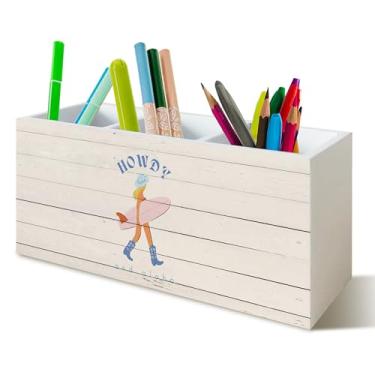 Imagem de YTRGI Porta-canetas Coastal Cowgir para decoração de casa, escritório, cozinha, mesa, howdy, surf, cowgir, suporte de madeira, organizador de sinalização para acessórios de mesa de escritório em casa