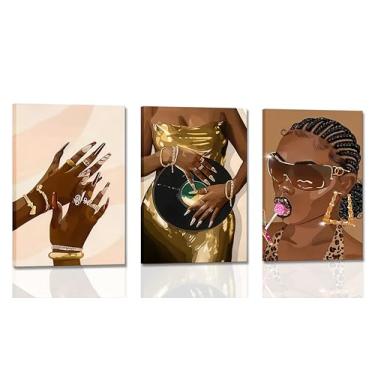 Imagem de 3 peças emolduradas de arte de parede para meninas negras, impressões em tela afro-americana, pôsteres de arte de unhas douradas, gravações de vinil, pinturas de vestido de pirulito, imagens urbanas