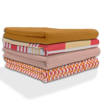 Imagem de IXORA DECOR Conjunto de 4 toalhas de cozinha 100% algodão | 2 panos de prato de trama waffle tingidos sólidos e impressão geométrica pano de cozinha e mesa | Guardanapos multiusos super absorventes |