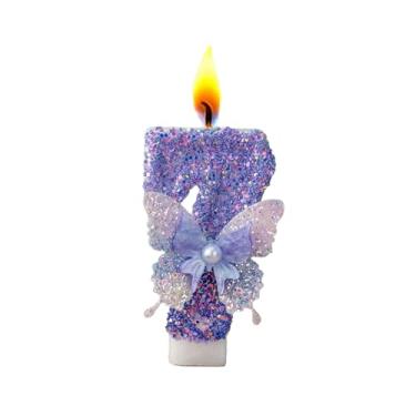 Imagem de Velas com números de aniversário, borboleta roxa para bolo, topo de bolo com glitter com lantejoulas para artigos de festa de casamento (número 7)