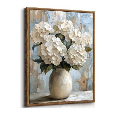Imagem de Hortênsia emoldurada vintage arte de parede retrô branco hortênsias decoração de parede decoração de parede casa de fazenda pintura floral imagem estilo country impressões para quarto sala de estar