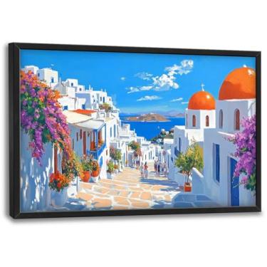 Imagem de Arte de parede grande de Santorini, decoração de parede de imagens grandes da Grécia, pintura impressa em tela de paisagem europeia, arte emoldurada de paisagem extra para sala de estar, quarto