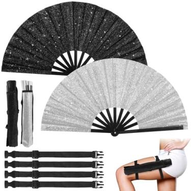 Imagem de 2 peças de leques de rave dobráveis de glitter preto com coldres, ventiladores portáteis com som de clack para apresentações de festivais, adereços de festa e acessórios de palco