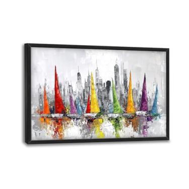 Imagem de Arte de parede emoldurada de veleiro grande para sala de estar, decoração de parede de cidade abstrata de grandes dimensões, pintura em tela de veleiro, imagens modernas para sala de estar, quarto