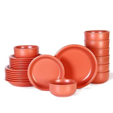 Imagem de GZG Série Vintage – Conjunto de louça de cerâmica para 8, 24 peças, conjunto de pratos e tigelas de grés, sem chumbo, conjunto de pratos artesanais, seguro para micro-ondas e lava-louças - vermelho